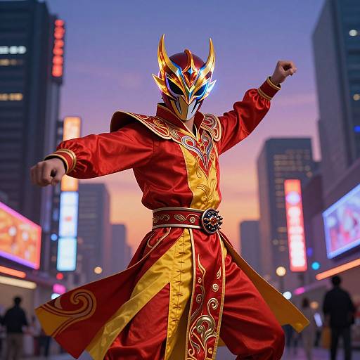 Photograph of a person in a vibrant red and gold superhero costume with a glowing, horned mask, striking a dynamic pose in a neon-lit