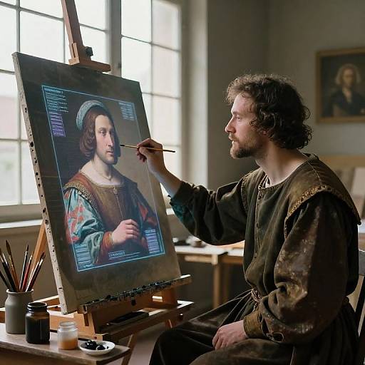 Photograph of a bearded artist in Renaissance attire painting a portrait of a bearded man on an easel in a sunlit studio.