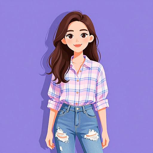 Digital anime-style drawing of a smiling woman with long brown hair, wearing a white plaid shirt and blue ripped jeans, against a solid purple background.