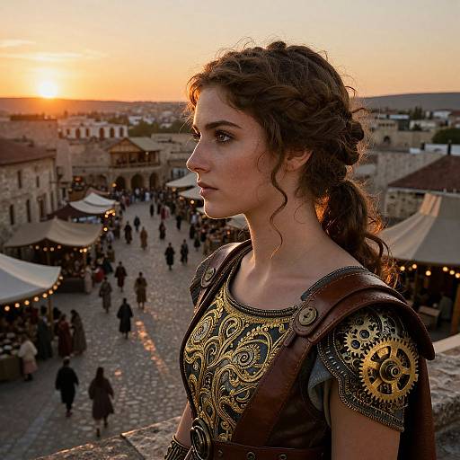 Photograph of a young woman with curly brown hair in a medieval-style dress with gold embroidery, standing in a cobblestone town square at sunset,