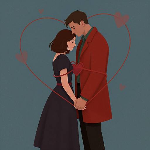 Digital illustration of a couple holding hands, gazing at each other, surrounded by red heart outlines, against a blue background. She wears a black dress