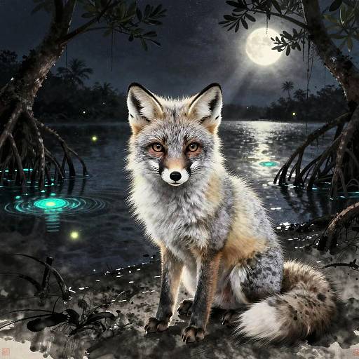 Silver Fox at Bioluminescent Mangrove Lagoon