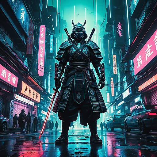 Neon Samurai in Cyberpunk City