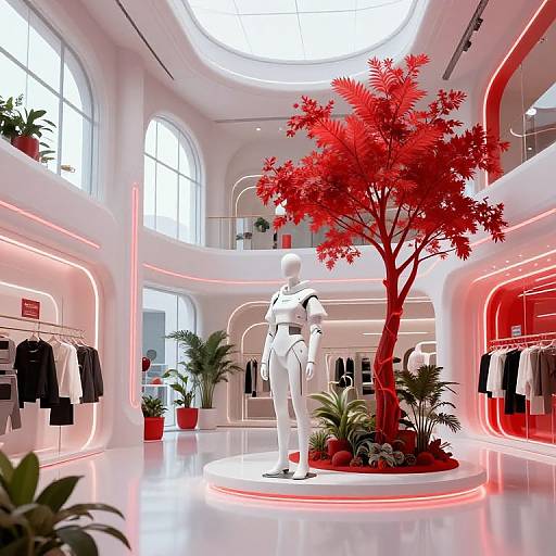 Modern, brightly lit clothing store with white walls, red neon accents, a red-leaved tree, and a white mannequin in the center.