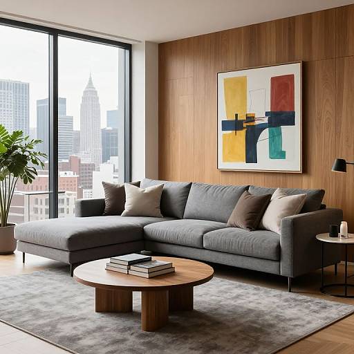 Modern living room photograph: gray sectional sofa, wooden coffee table, abstract painting, wooden wall, large windows, cityscape view, potted plant.