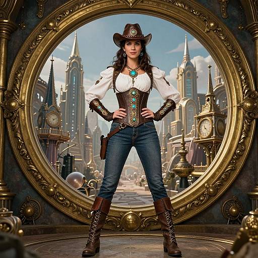 Confident Steampunk Woman in Brass Frame