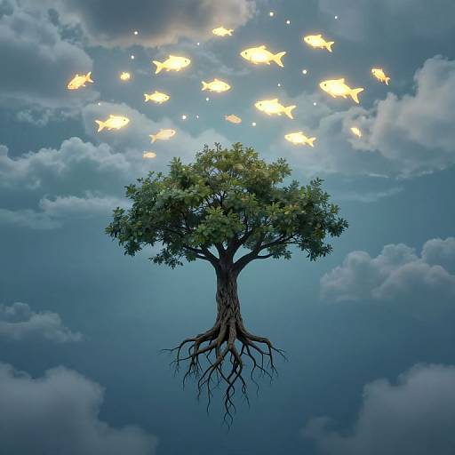 Digital artwork of a floating tree with green leaves and visible roots, surrounded by glowing yellow butterflies against a blue sky with fluffy clouds.