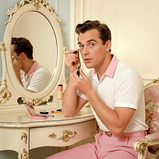 Photograph of a young, handsome man with dark hair, wearing a white polka-dot shirt and pink checkered pants, applying makeup in a vintage