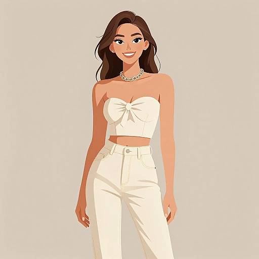 Digital illustration of a smiling woman with long dark hair, wearing a white strapless crop top and high-waisted white pants, accessorized with a