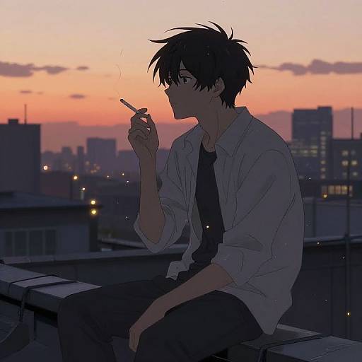 Anime-style digital drawing of a silhouetted young man with messy black hair, smoking a cigarette, sitting on a rooftop at sunset. City skyline