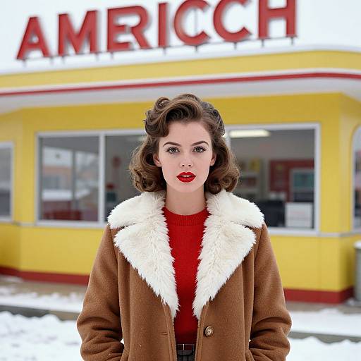 Photograph of a 1940s-style woman with curly brown hair, red lipstick, brown coat with white fur collar, standing in front of a