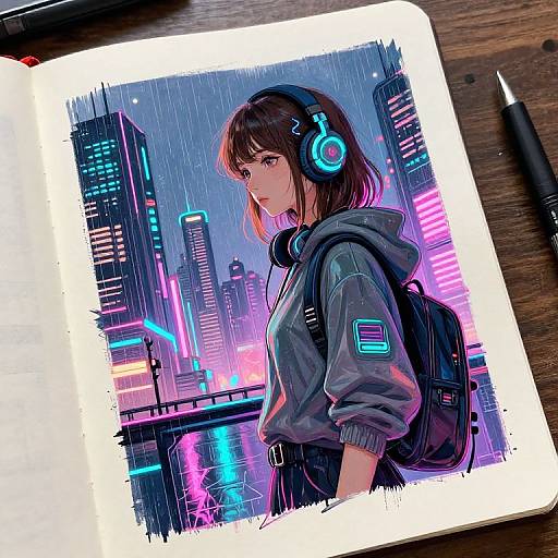Cyberpunk Artist Sketching Neon City