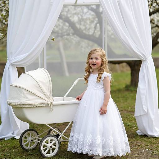 Photograph of a blonde, curly-haired toddler in a white lace dress standing beside a vintage white baby stroller, under white curtains in a grassy