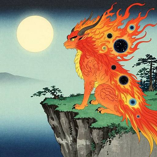 Digital art of a fiery, orange fox with black horns and circular black spots, standing on a cliff under a full moon.