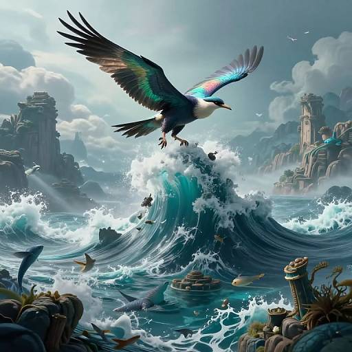 Digital fantasy artwork of a vibrant, rainbow-feathered bird soaring above a crashing, turquoise wave, amidst rocky ruins and a cloudy sky.