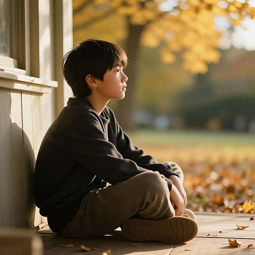 Thoughtful Boy on Autumn Porch