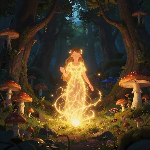 Digital fantasy artwork: A glowing, ethereal female figure made of fire stands amidst a dark forest, surrounded by glowing mushrooms and fireflies.