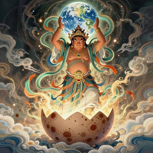 Digital art of a muscular, topless deity with teal and orange ribbons, holding Earth, emerging from a fiery, cracked egg, surrounded by swirling