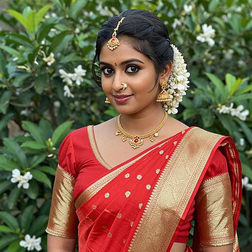 Photograph of an Indian woman in a vibrant red and gold traditional saree, adorned with gold jewelry and a white flower in her black hair, against