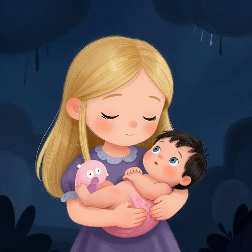 Digital illustration of a blonde girl with closed eyes, wearing a purple dress, cradling a black-haired baby with a pink blanket, and a small