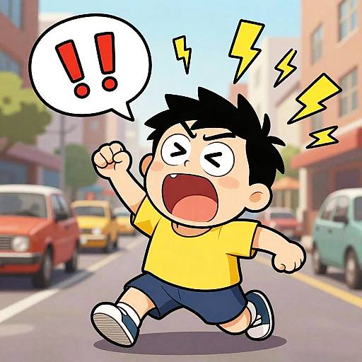 Cartoon boy in yellow shirt and blue shorts, shocked with loud 