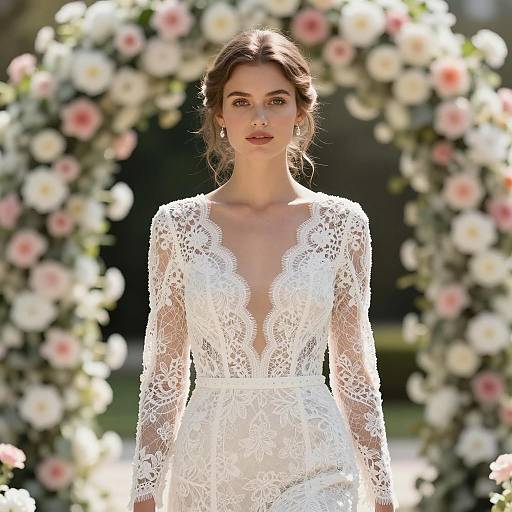 Bride in White Lace Dress by Floral Arch