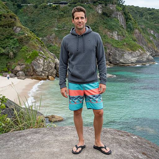 Photograph of a man with short brown hair, gray hoodie, and blue, orange, and turquoise shorts, standing on a coastal cliff, wearing black
