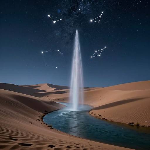 Photograph of a desert oasis at night with a tall, bright fountain, a curved water channel, and a starry sky with constellation lines.