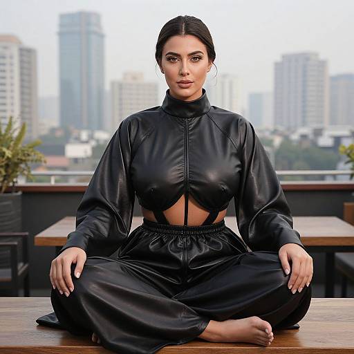 Photorealistic digital artwork of a woman with dark hair, wearing a black, high-neck, leather-like outfit, sitting cross-legged on a rooftop,