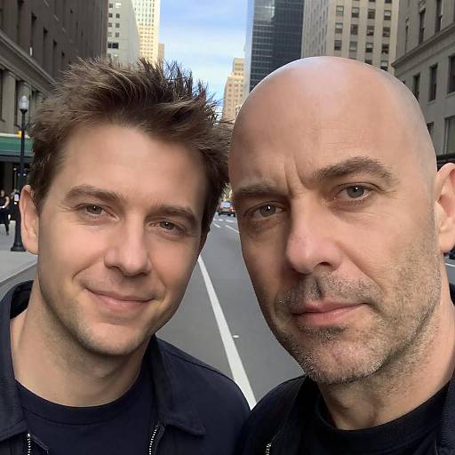 Close-up of Two Men with Cityscape Background