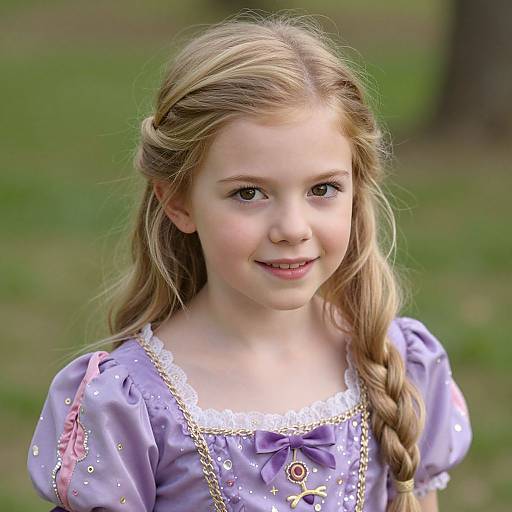 Photograph of a young Caucasian girl with long blonde hair in a braid, wearing a lavender dress with white lace and gold details, smiling gently against
