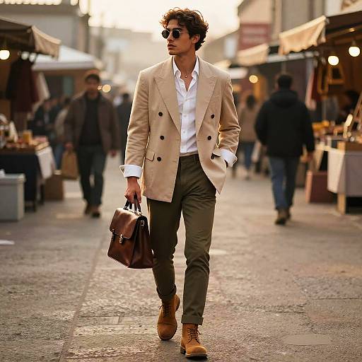 Photograph of a stylish young man with curly hair, wearing a beige blazer, white shirt, green pants, brown boots, sunglasses, and a