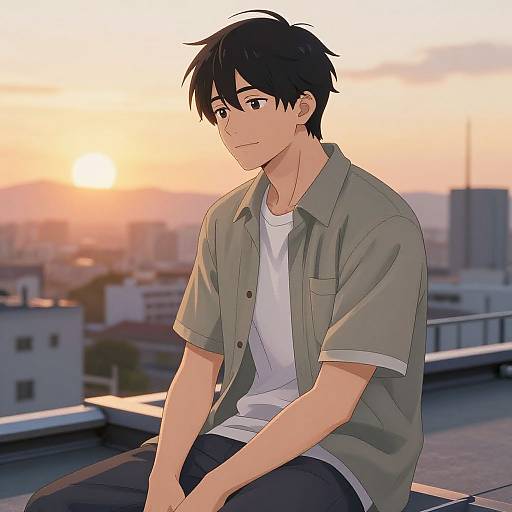 Anime-style digital drawing of a young man with black hair, green shirt, white tee, and black pants, sitting on a rooftop at sunset, looking