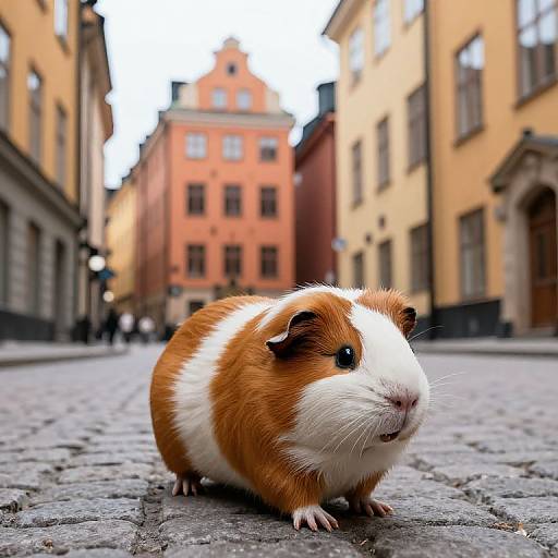 Photograph of a brown and white guinea pig on a cobblestone street in a narrow, colorful European alleyway with blurred buildings in the background