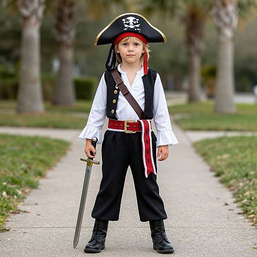 Photograph of a young boy in a pirate costume with a black tricorn hat, white shirt, black pants, and red sash, holding a