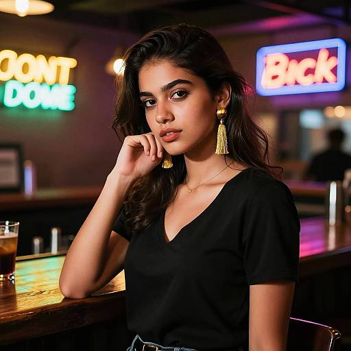 Stylish Woman in Neon Bar Scene