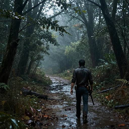 Man Walking on Rainy Forest Path
