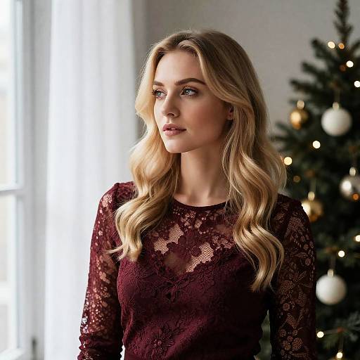 Blonde Woman by Window with Christmas Tree