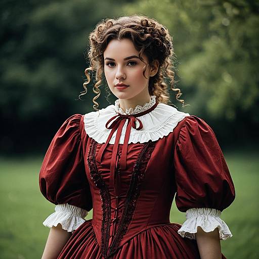 Woman in Victorian Red Dress Outdoors