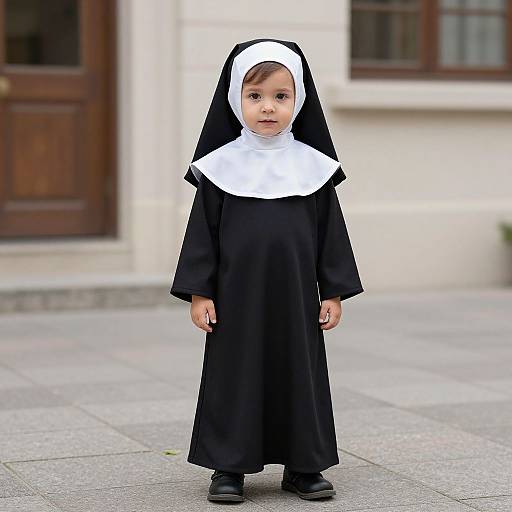 Photograph of a young girl standing outdoors, wearing a black nun's habit with a white coif, black shoes, in front of a building with