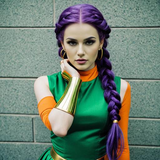 Cosplay Woman with Purple Braided Hair and Green Outfit