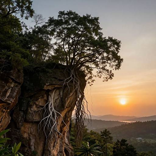 Photograph of a rocky cliff with large tree roots hanging down, silhouetted against a vibrant orange sunset, over a lush, rolling landscape.