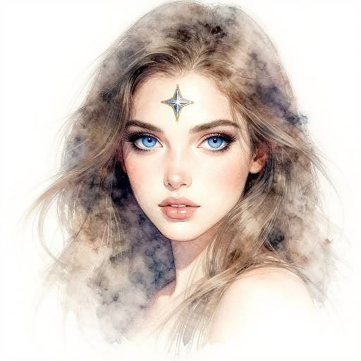 Digital watercolor portrait of a fair-skinned woman with striking blue eyes, long wavy brown hair, and a star-shaped forehead gem, looking directly