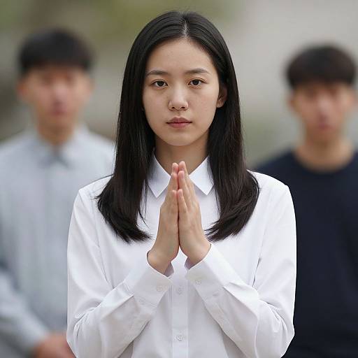 Photograph of an East Asian woman with long black hair, wearing a white button-up shirt, praying with hands clasped, blurred background of two men