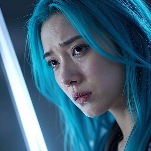 Close-up photograph of a young woman with striking blue hair, serious expression, and subtle makeup, illuminated by a diagonal white light beam.