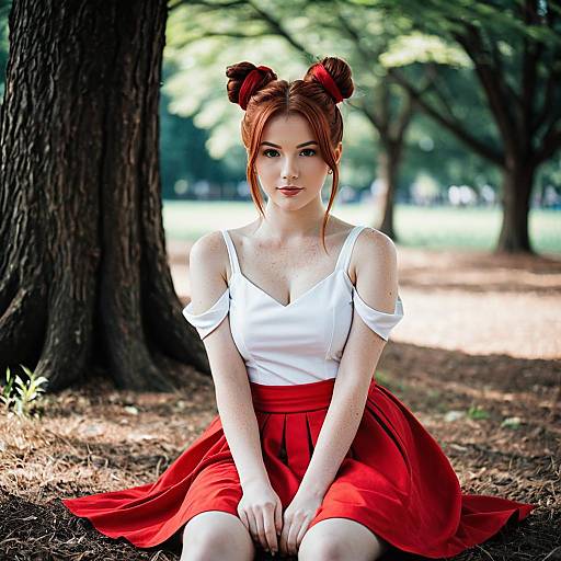 Young Woman in Red Dress Sitting Outdoors