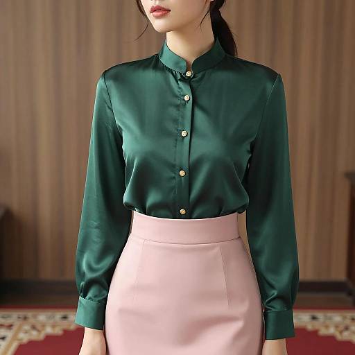 Elegant Asian Woman in Green Silk Shirt and Pink Skirt