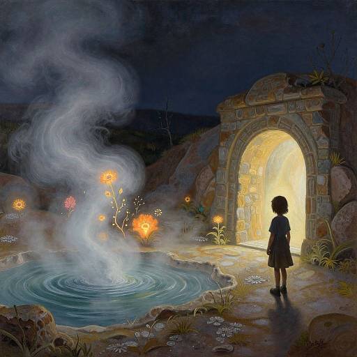 Digital painting of a child in a dark, mystical landscape, facing a glowing stone archway with ethereal smoke and glowing flowers.