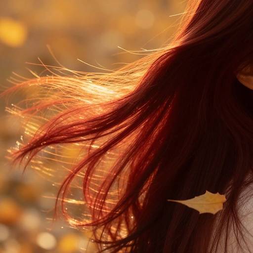 Close-up photograph of a person's red hair blowing in the wind, illuminated by warm, golden sunlight with a blurred autumnal background.