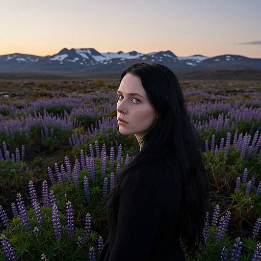 Photograph of a pale-skinned woman with long black hair, standing in a purple lupine field at sunset, with snow-capped mountains in the